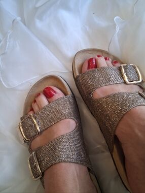 Glitter Double-Buckle Slide Women's Sandals  Worn